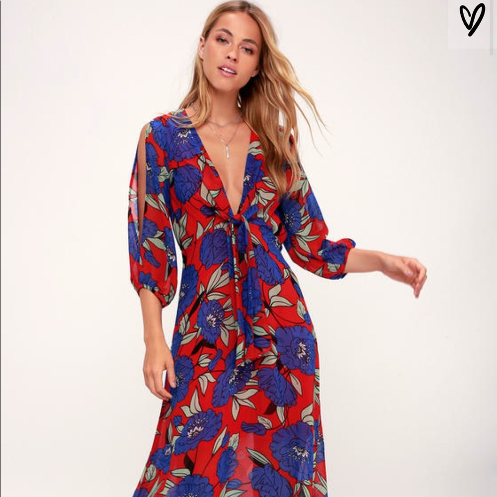 Lulus red and blue floral maxi dress